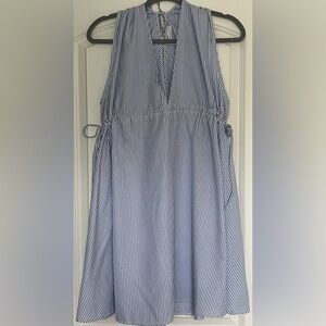 ASOS Poplin Blue Seersucker A-line Mini Dress Tie Neck and Waist Sz 12